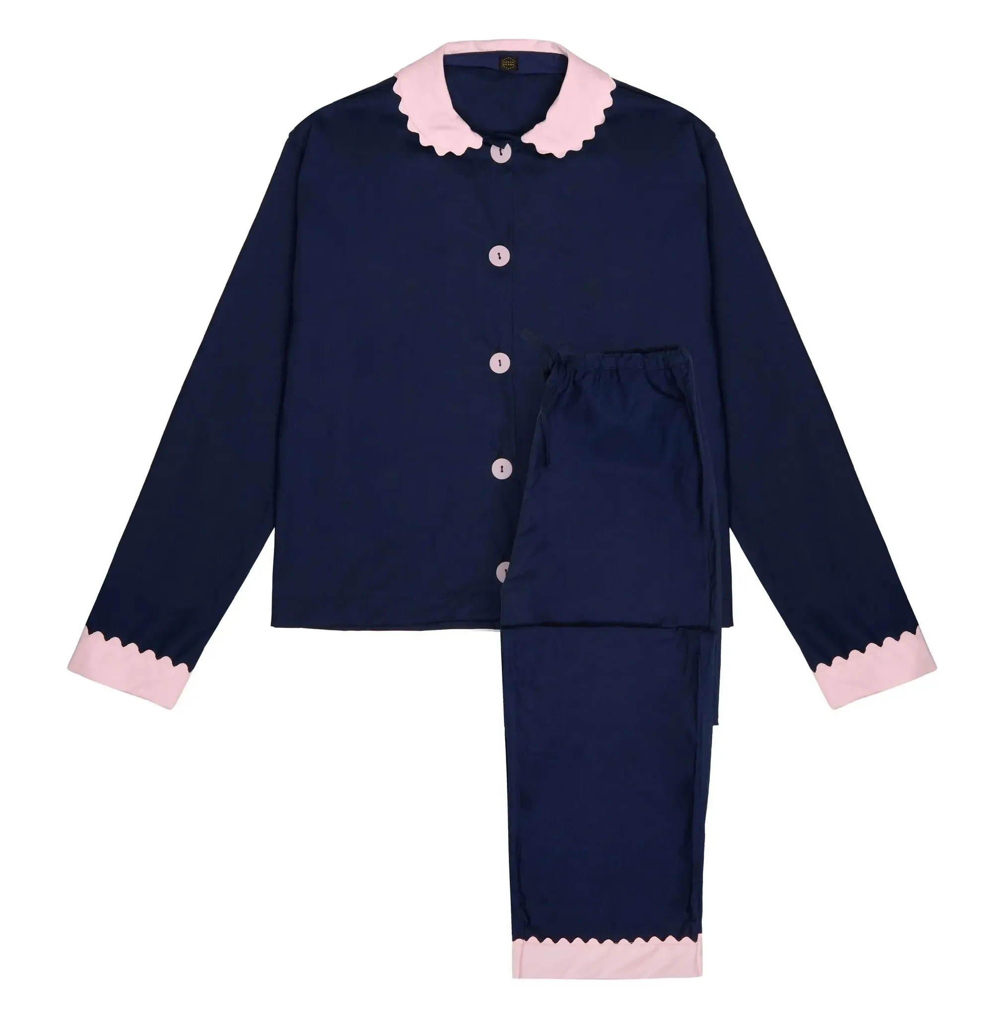 100% Cotton Poplin Navy Long Pyjamas With Pink Collar and Cuffs With Ric Rac Trim