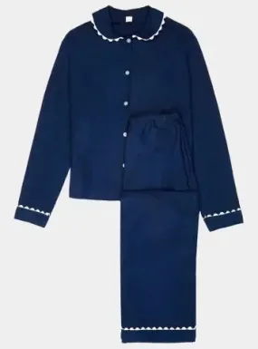 100% Cotton Poplin Navy Long Pyjamas With White Ric Rac Trim