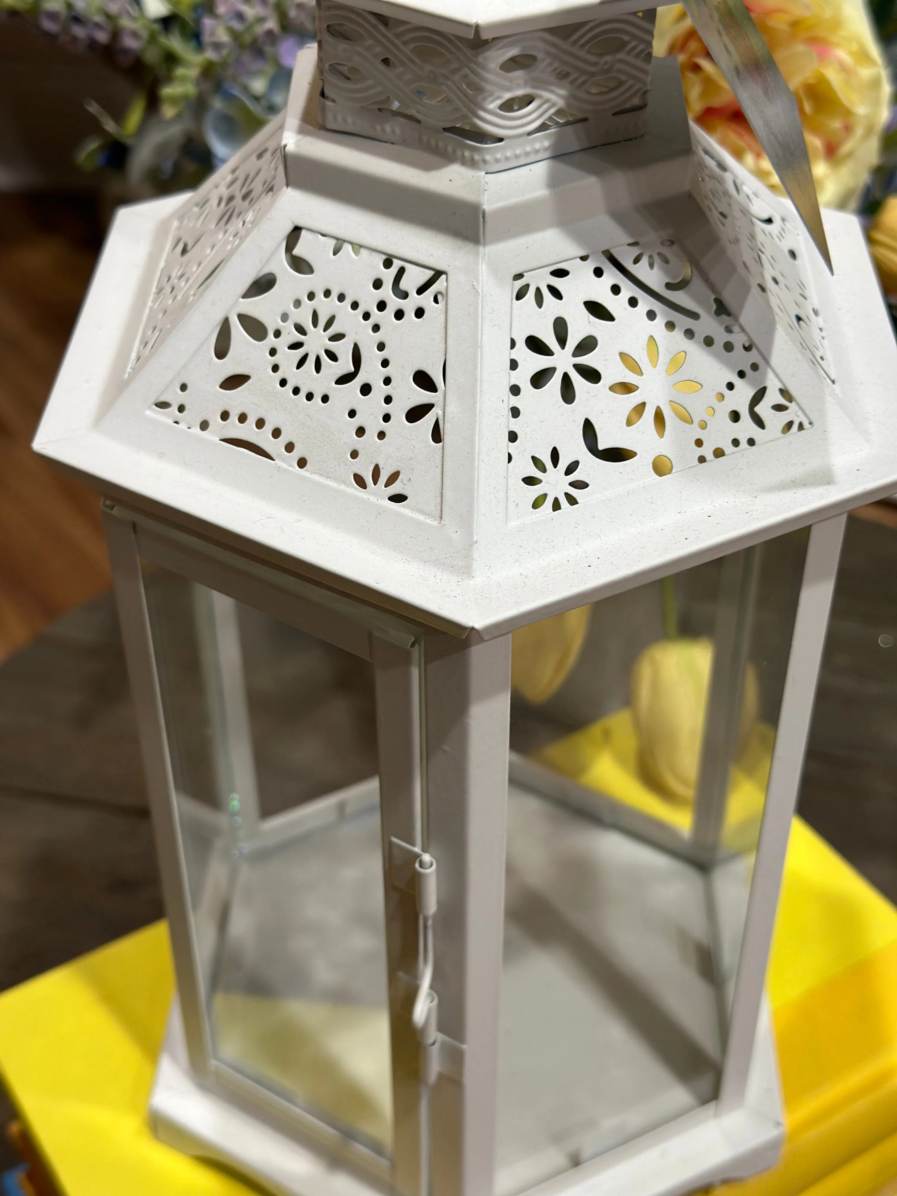 14" White Metal Lantern Small