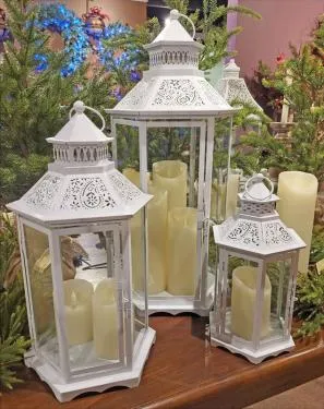 14" White Metal Lantern Small