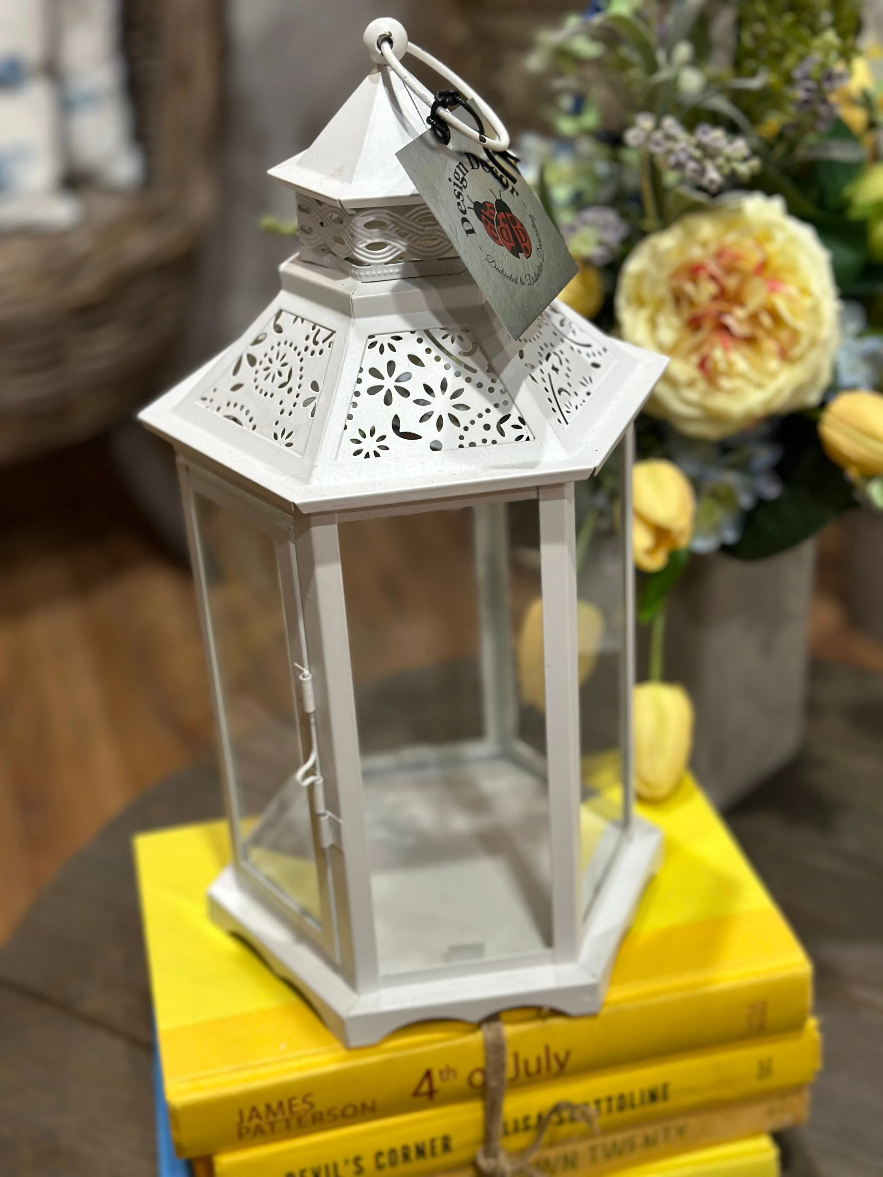 14" White Metal Lantern Small