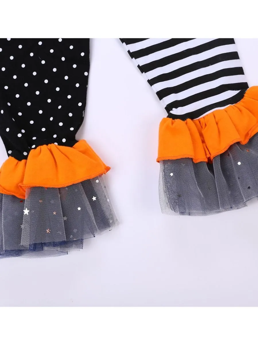 2-Piece Halloween Outfits Pumpkin Color Hem Top Matching Ruffle Pants