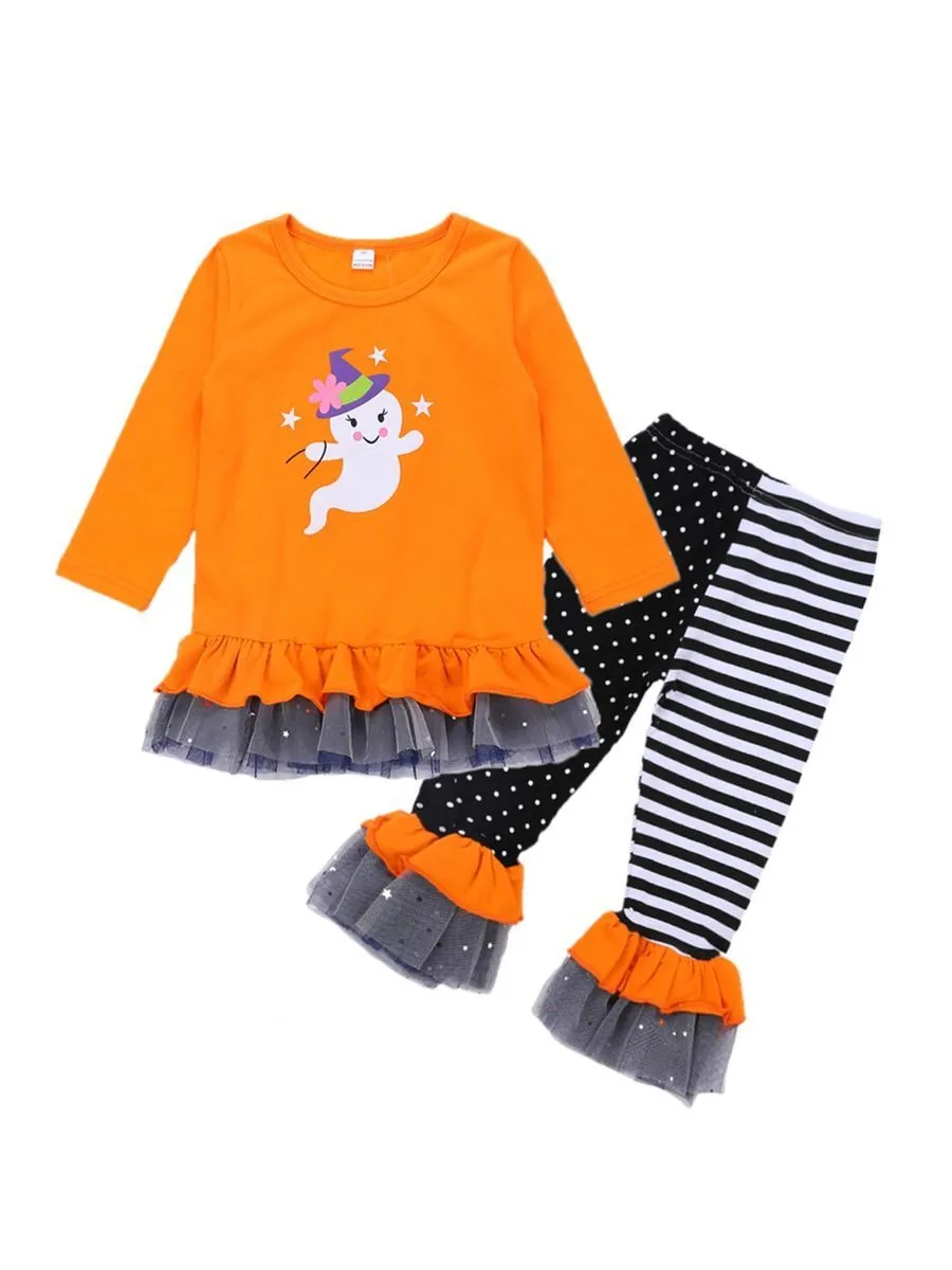 2-Piece Halloween Outfits Pumpkin Color Hem Top Matching Ruffle Pants