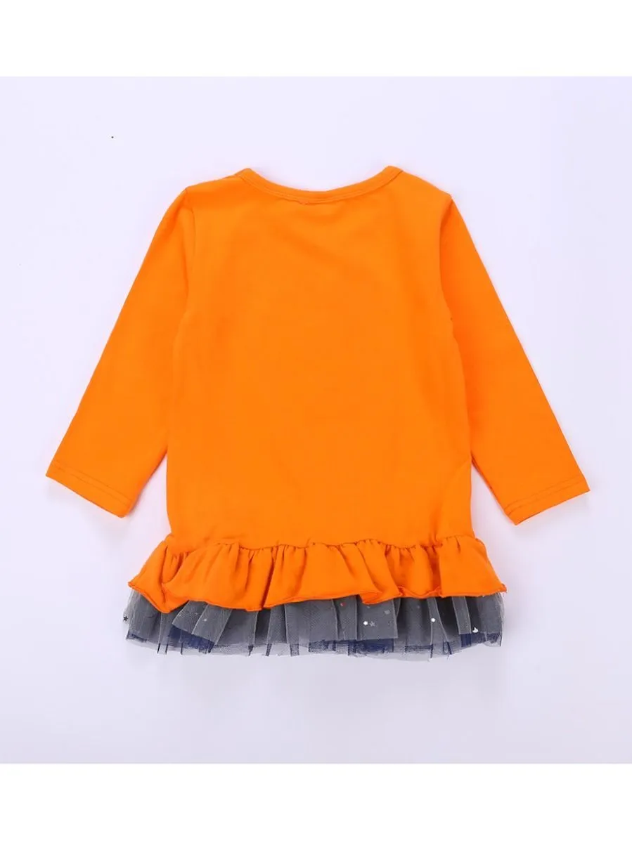 2-Piece Halloween Outfits Pumpkin Color Hem Top Matching Ruffle Pants