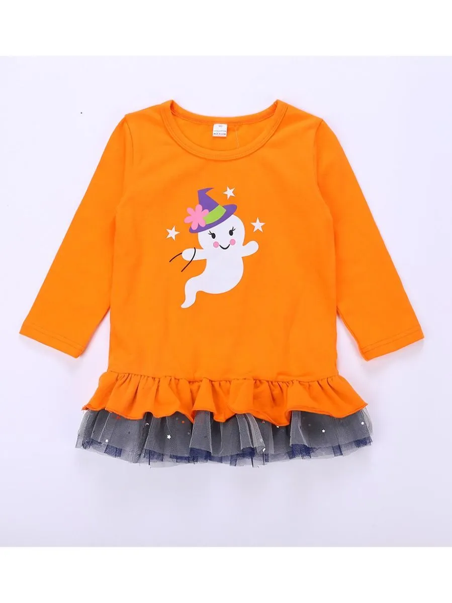 2-Piece Halloween Outfits Pumpkin Color Hem Top Matching Ruffle Pants