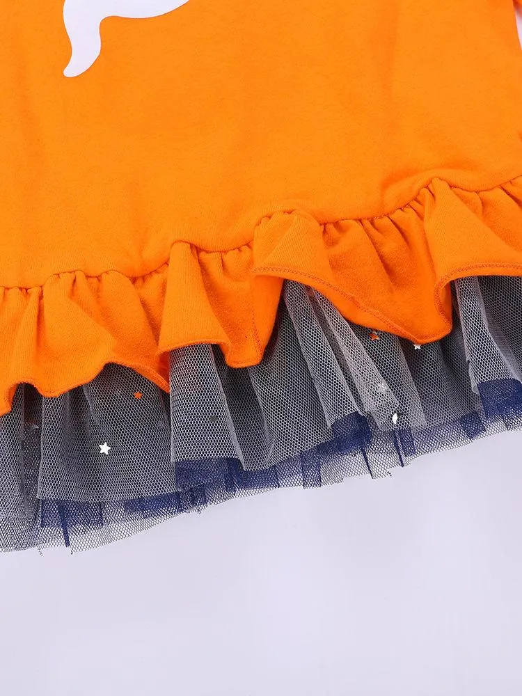 2-Piece Halloween Outfits Pumpkin Color Hem Top Matching Ruffle Pants