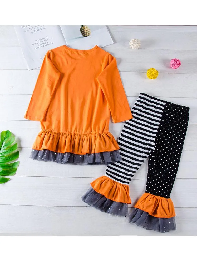 2-Piece Halloween Outfits Pumpkin Color Hem Top Matching Ruffle Pants