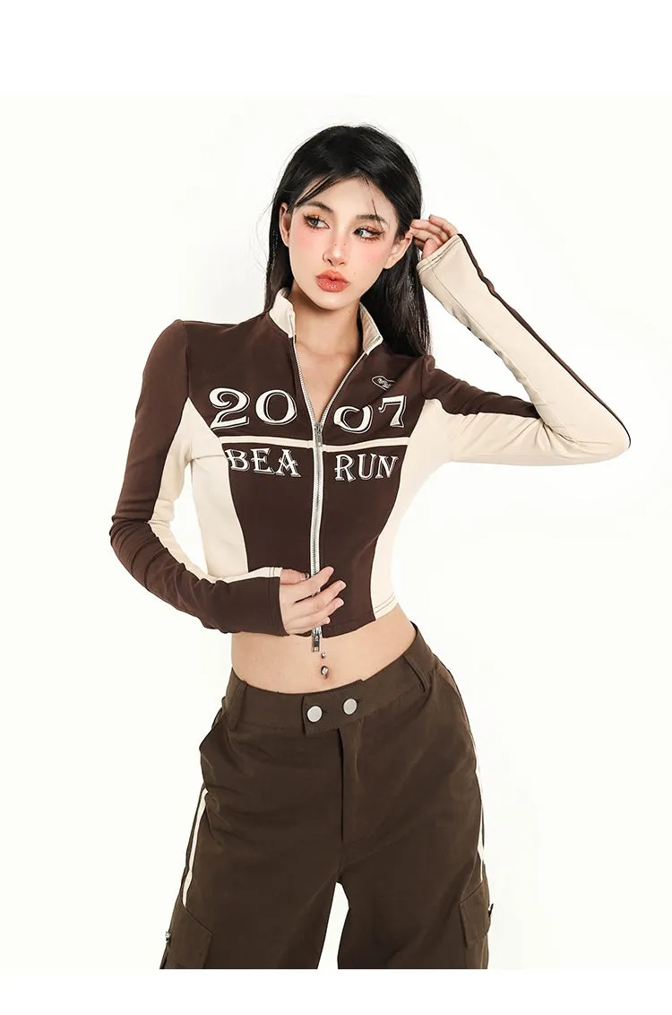 2007 Patchwork Brown White Letter Print Long Sleeve Top