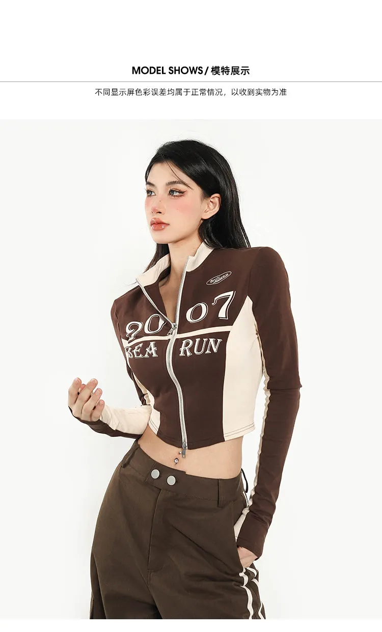 2007 Patchwork Brown White Letter Print Long Sleeve Top