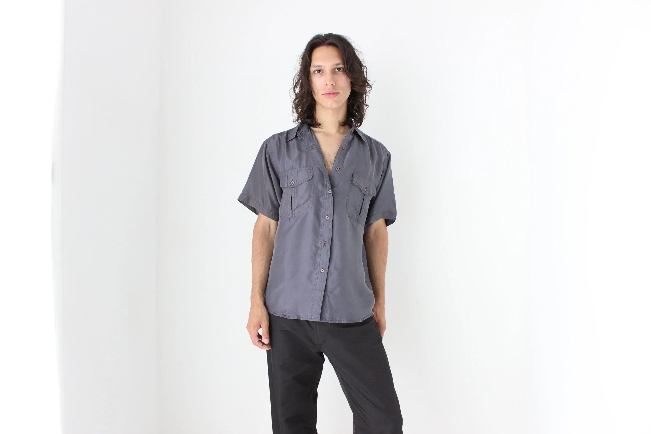 80s MATTE SILK Boxy Double Pocket Shirt in Neutral Grey