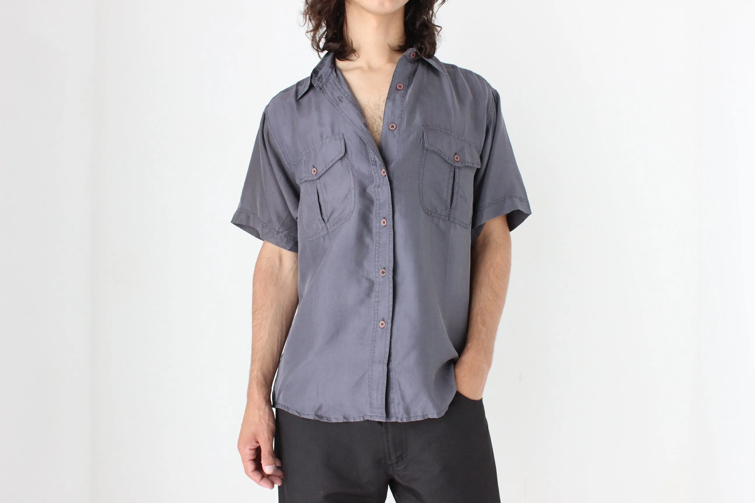 80s MATTE SILK Boxy Double Pocket Shirt in Neutral Grey