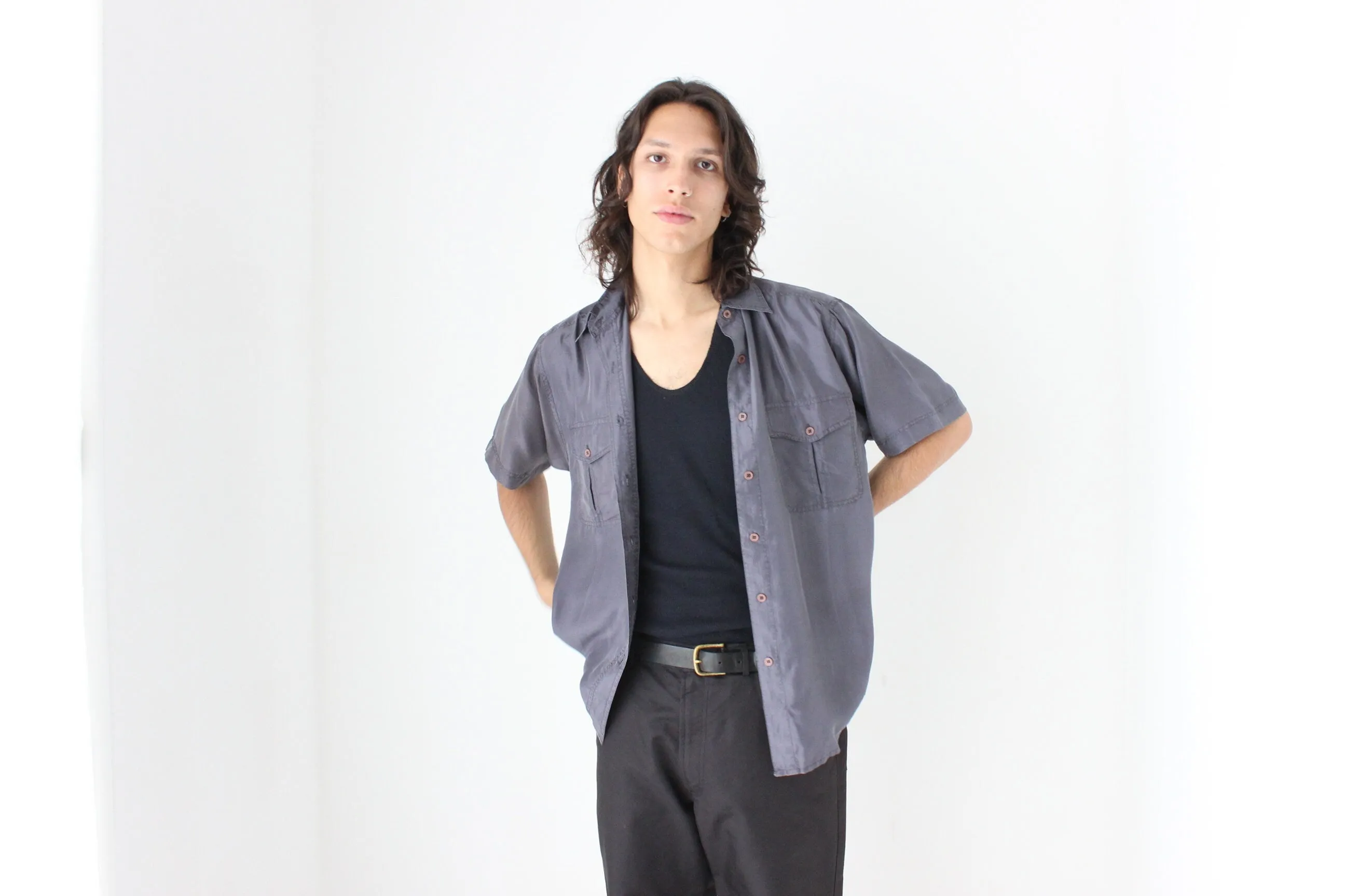 80s MATTE SILK Boxy Double Pocket Shirt in Neutral Grey