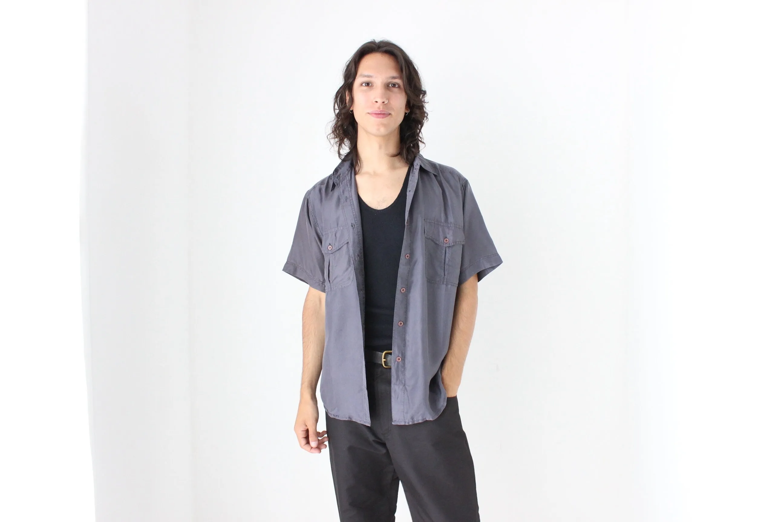 80s MATTE SILK Boxy Double Pocket Shirt in Neutral Grey