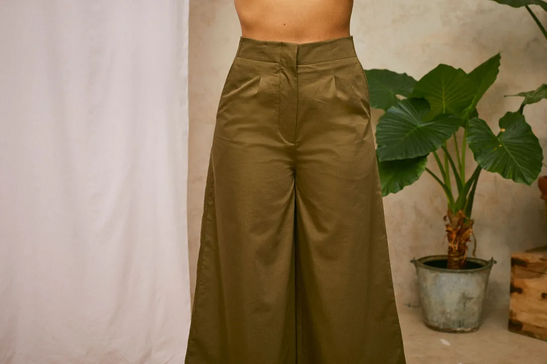 Amelia Wide Leg Culotte Trouser in Khaki Deadstock Cotton by Saywood