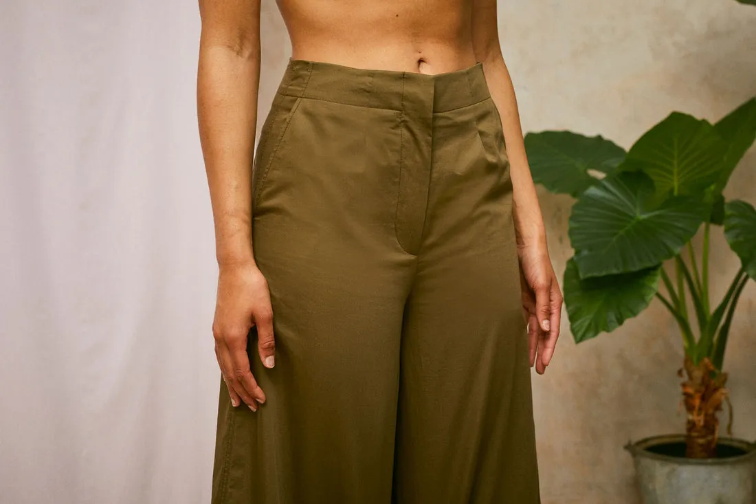 Amelia Wide Leg Culotte Trouser in Khaki Deadstock Cotton by Saywood