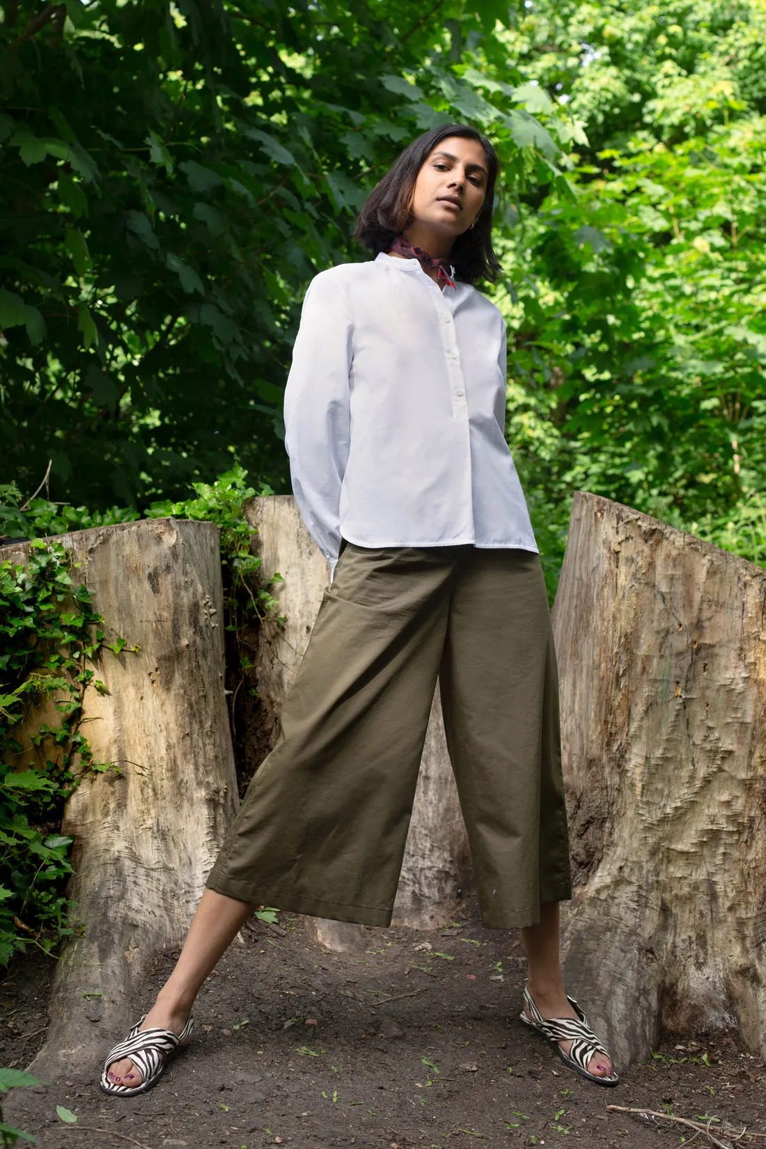 Amelia Wide Leg Culotte Trouser in Khaki Deadstock Cotton by Saywood