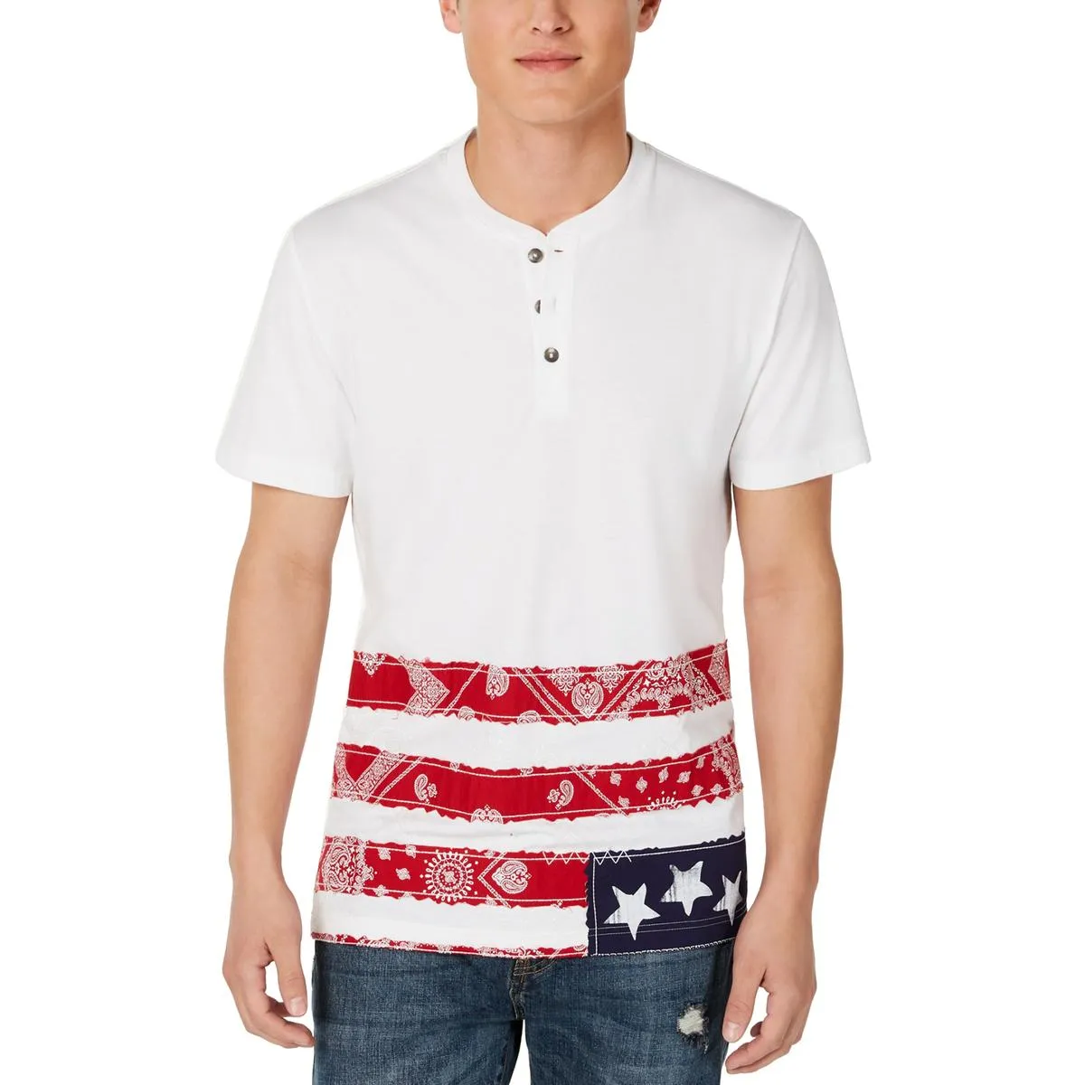 American Rag Mens Bandanna Flag Print Short Sleeve Henley Shirt