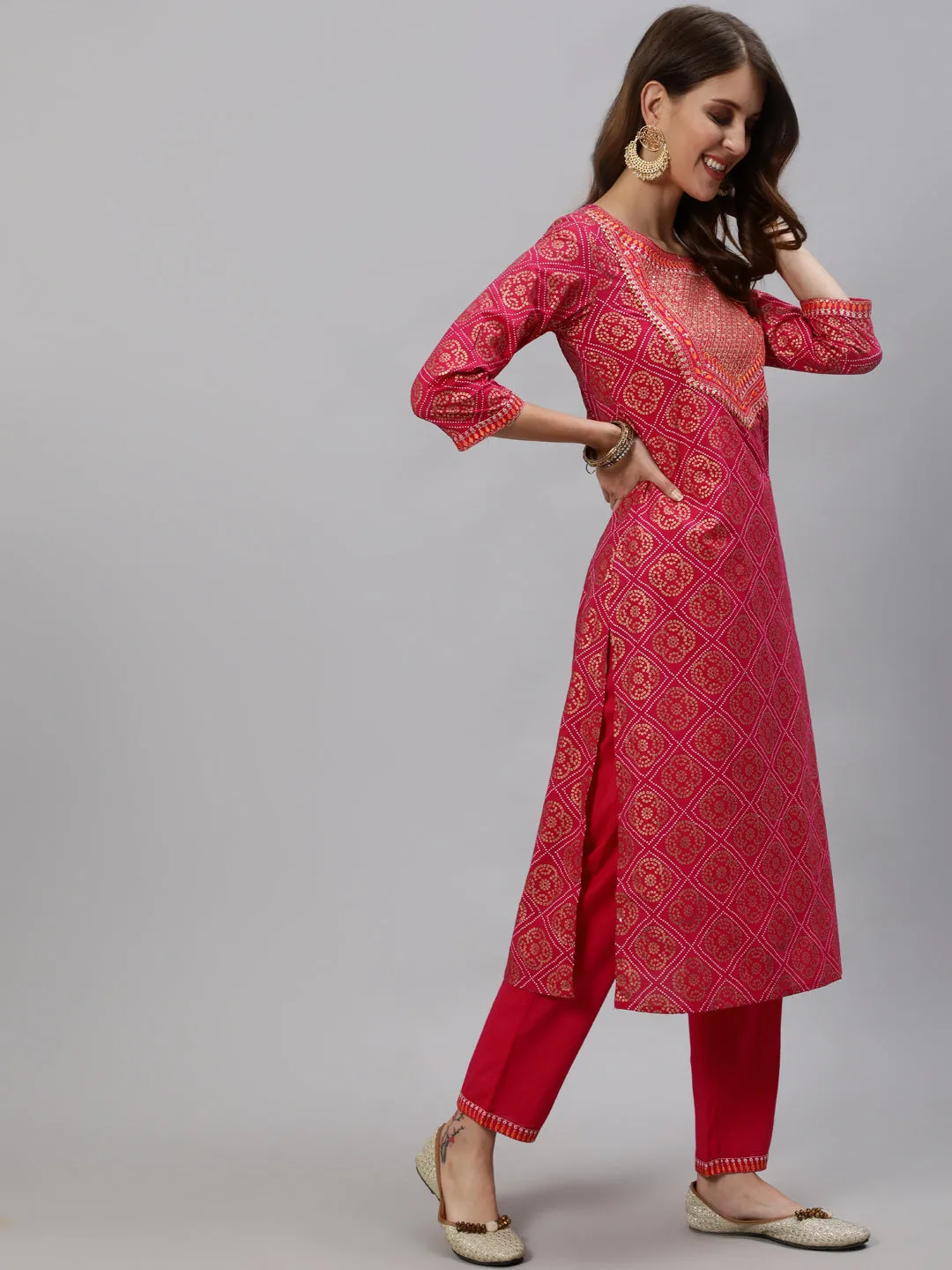 Anubhutee Women Fuchsia Ethnic Motifs Embroidered Regular Sequinned Kurta with Trousers