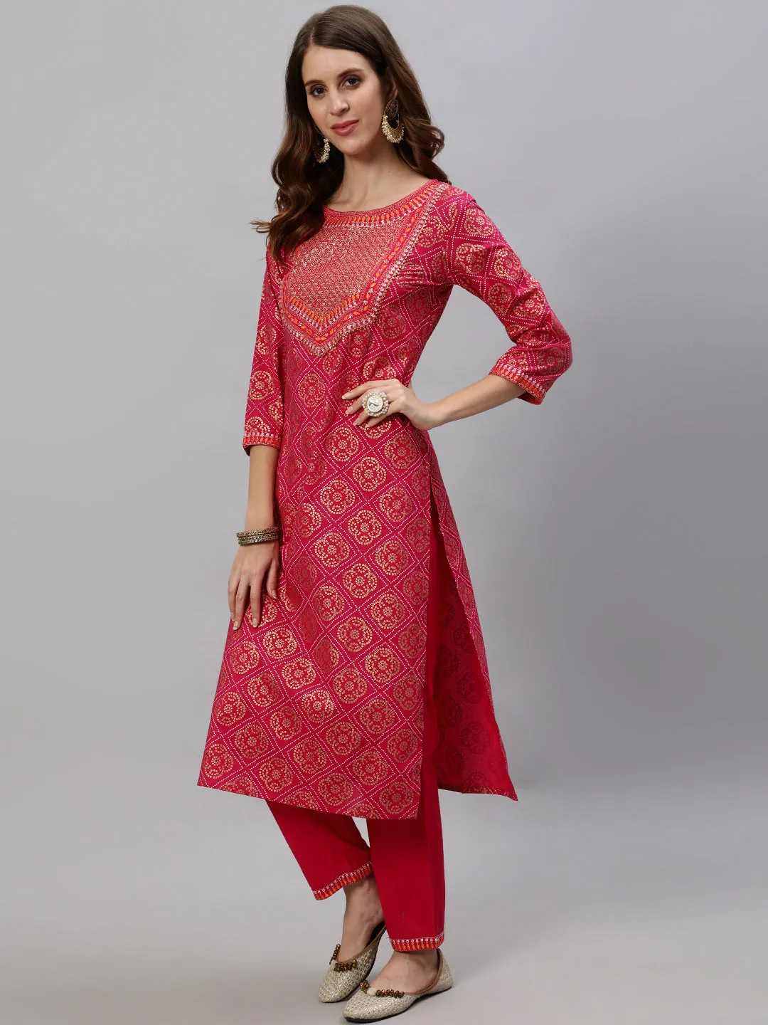 Anubhutee Women Fuchsia Ethnic Motifs Embroidered Regular Sequinned Kurta with Trousers