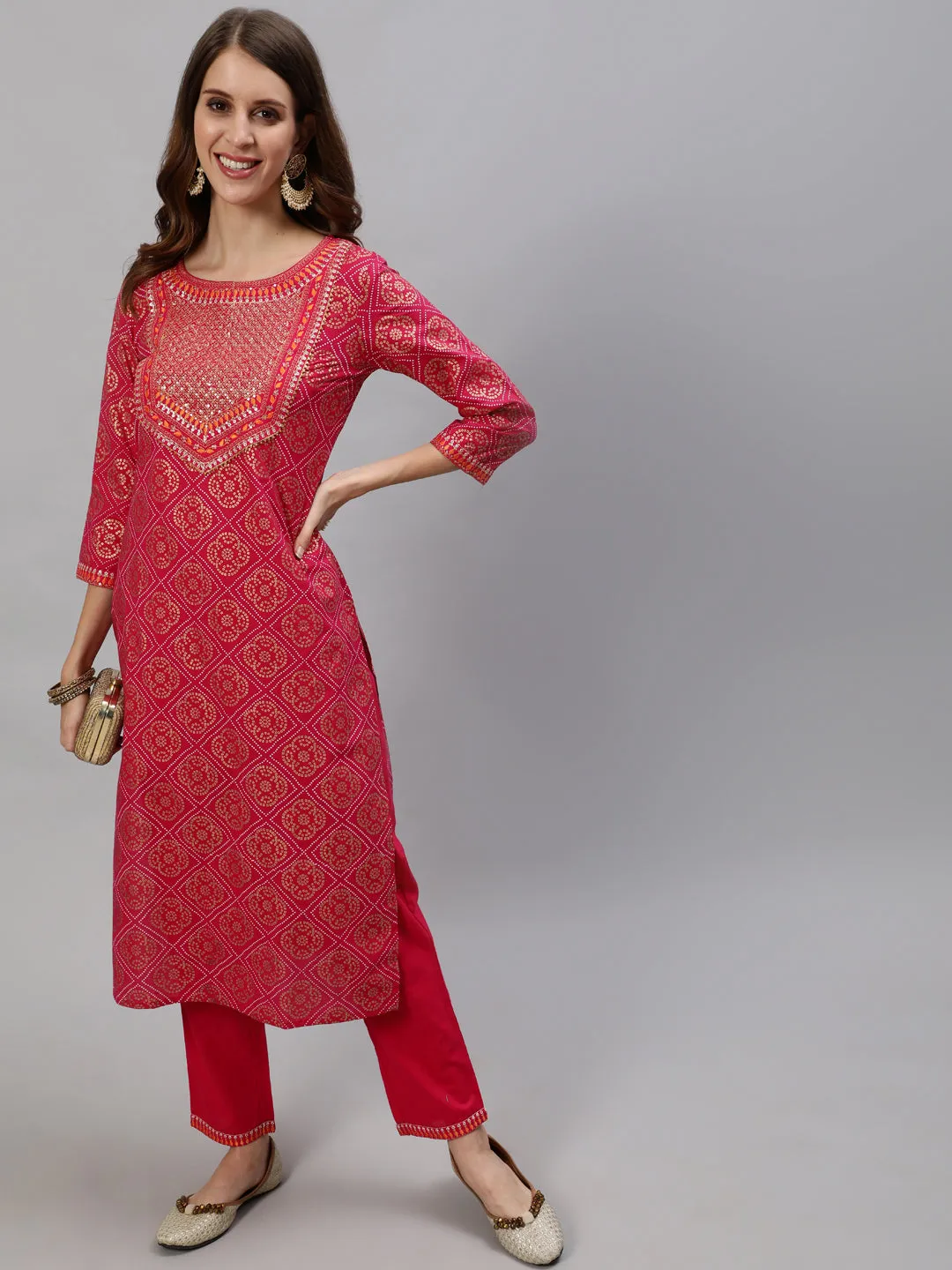 Anubhutee Women Fuchsia Ethnic Motifs Embroidered Regular Sequinned Kurta with Trousers