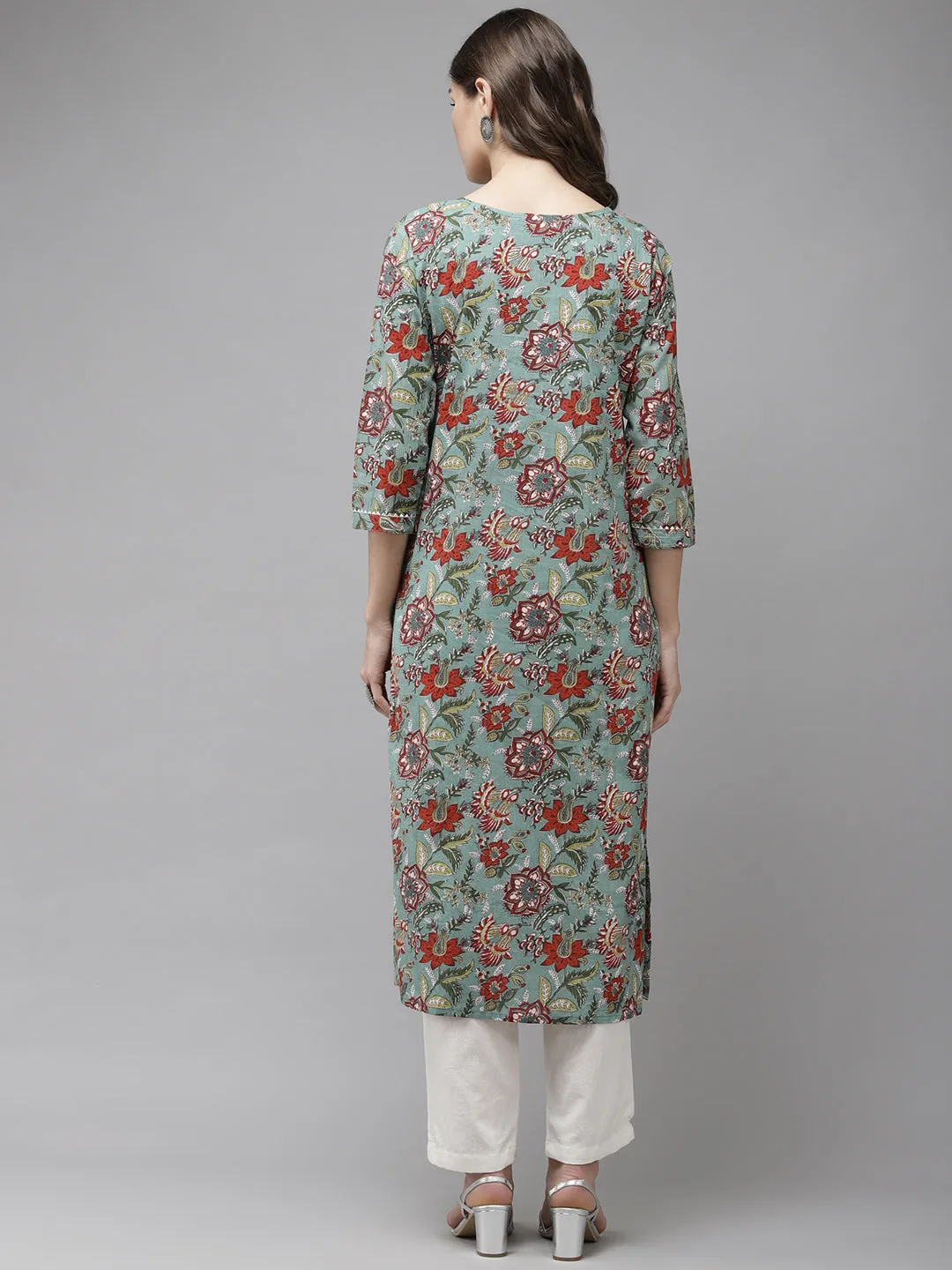 Anubhutee Women Green  Off-White Ethnic Printed Pure Cotton Kurta with Trousers