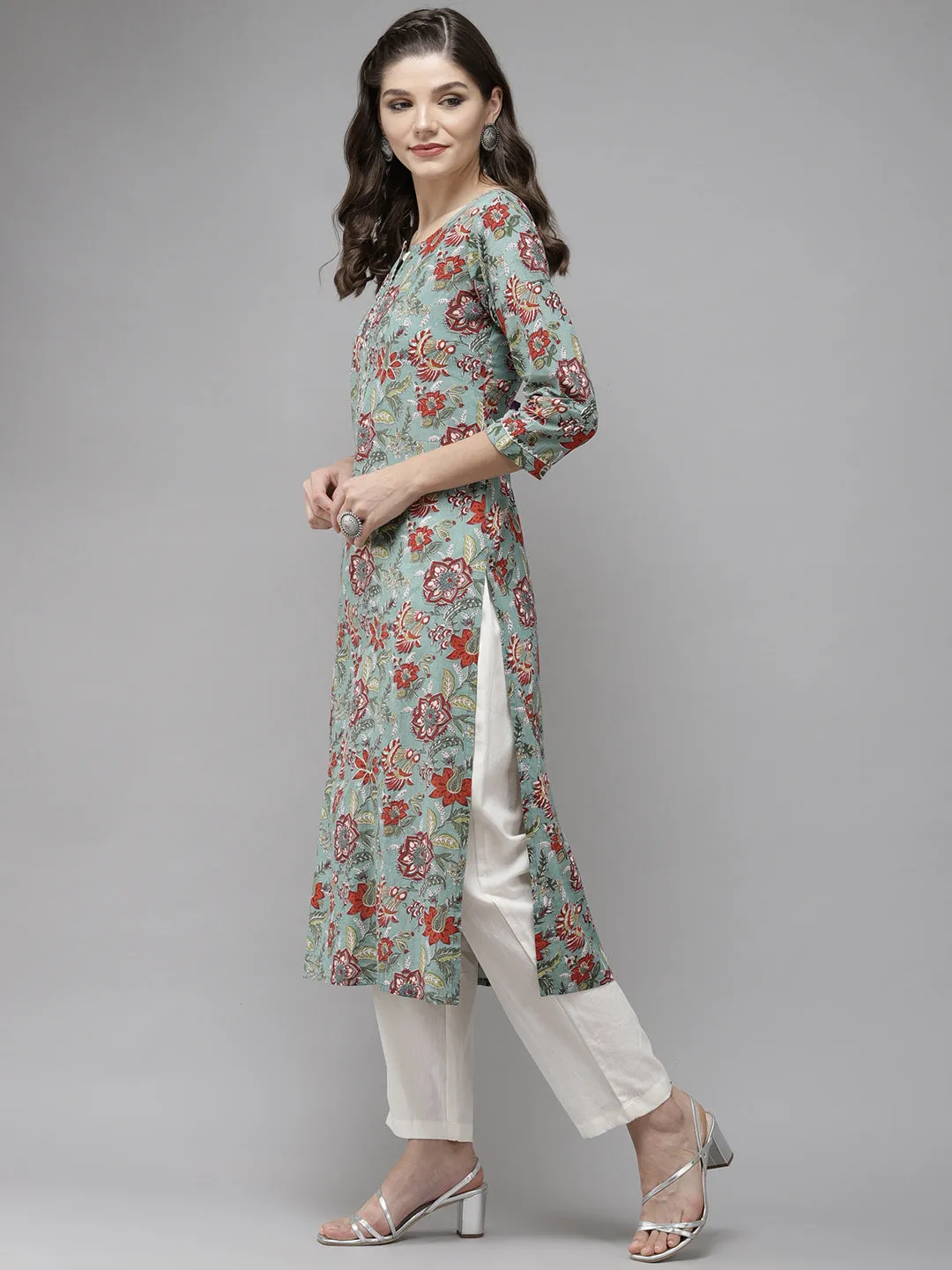 Anubhutee Women Green  Off-White Ethnic Printed Pure Cotton Kurta with Trousers