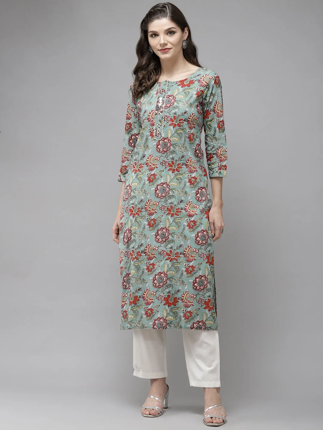 Anubhutee Women Green  Off-White Ethnic Printed Pure Cotton Kurta with Trousers