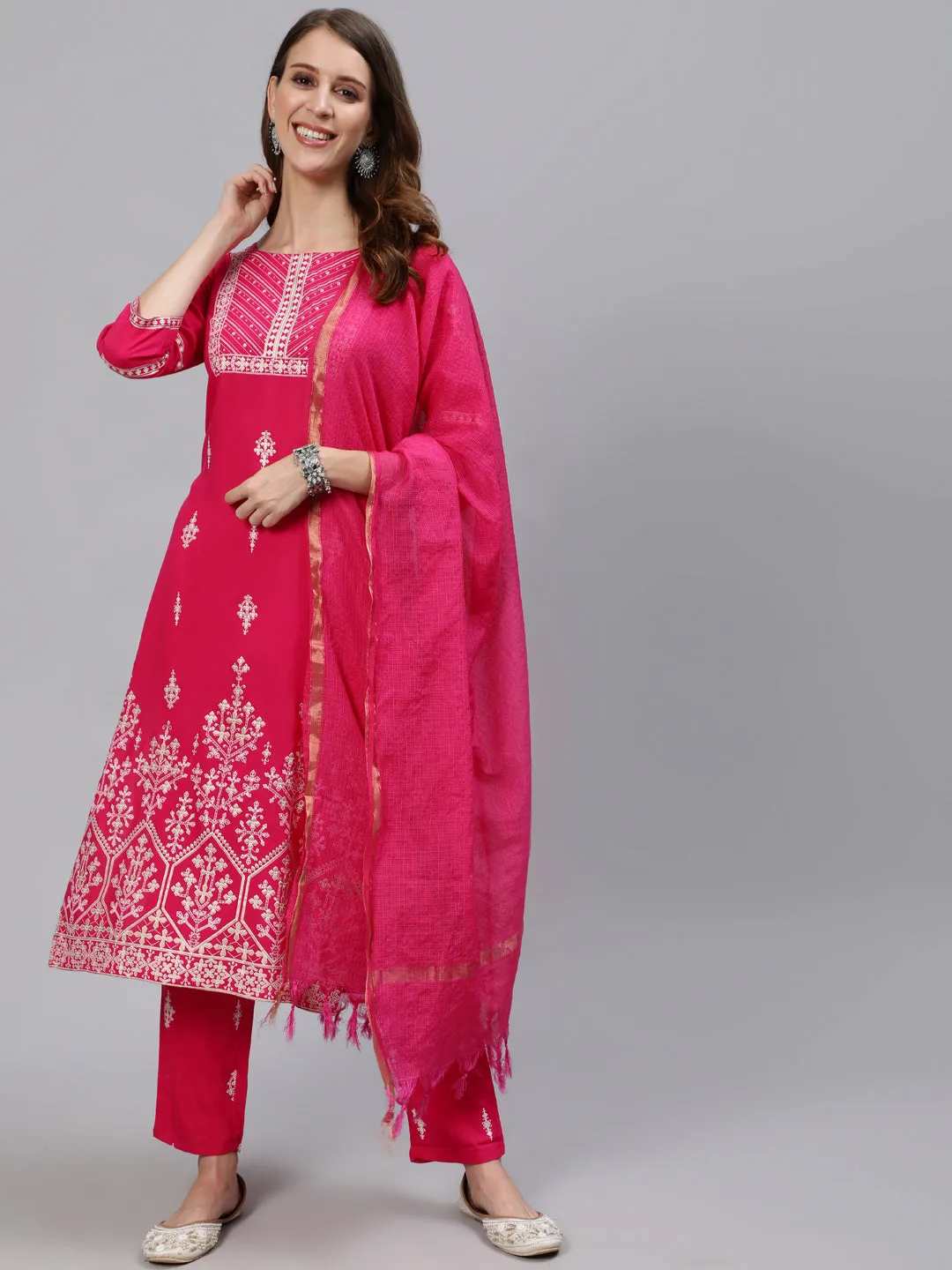 Anubhutee Women Pink Ethnic Motifs Printed Regular Kurta with Trousers  With Dupatta