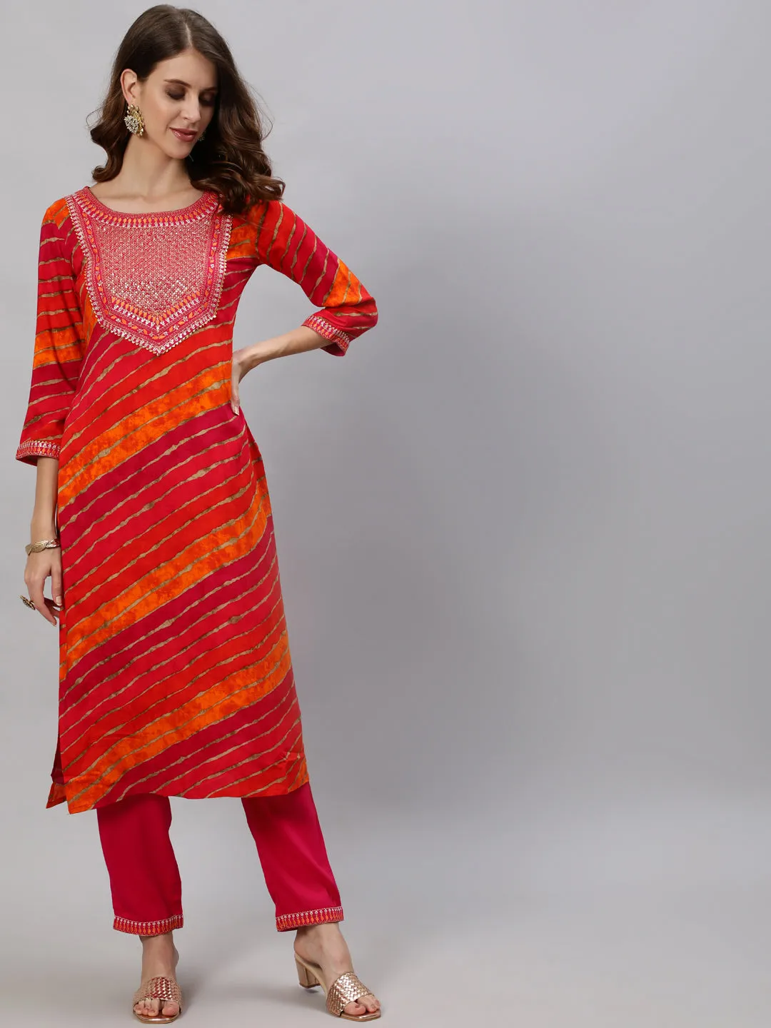 Anubhutee Women Pink Leheriya Yoke Design Regular Kurta with Trousers