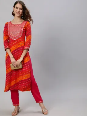 Anubhutee Women Pink Leheriya Yoke Design Regular Kurta with Trousers