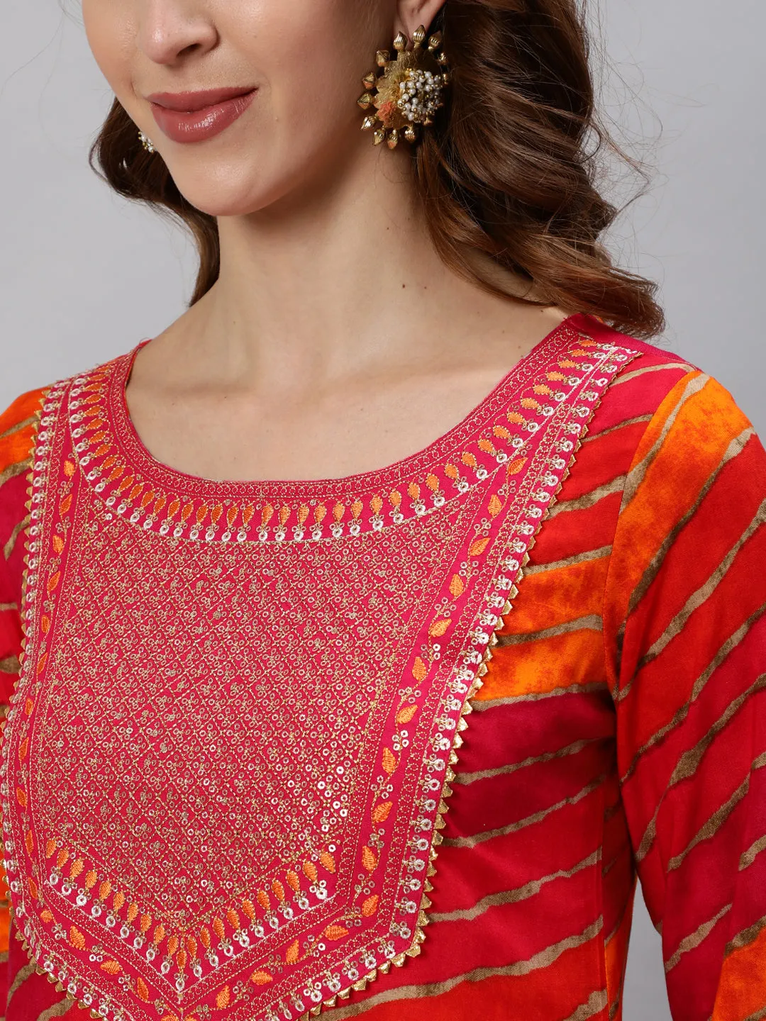 Anubhutee Women Pink Leheriya Yoke Design Regular Kurta with Trousers