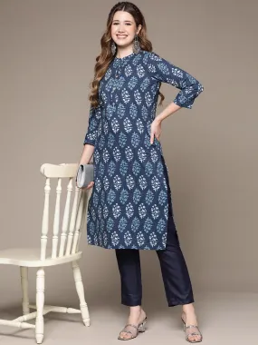 Anubhutee Women's Blue Cotton Kantha Kurta Set with Trousers