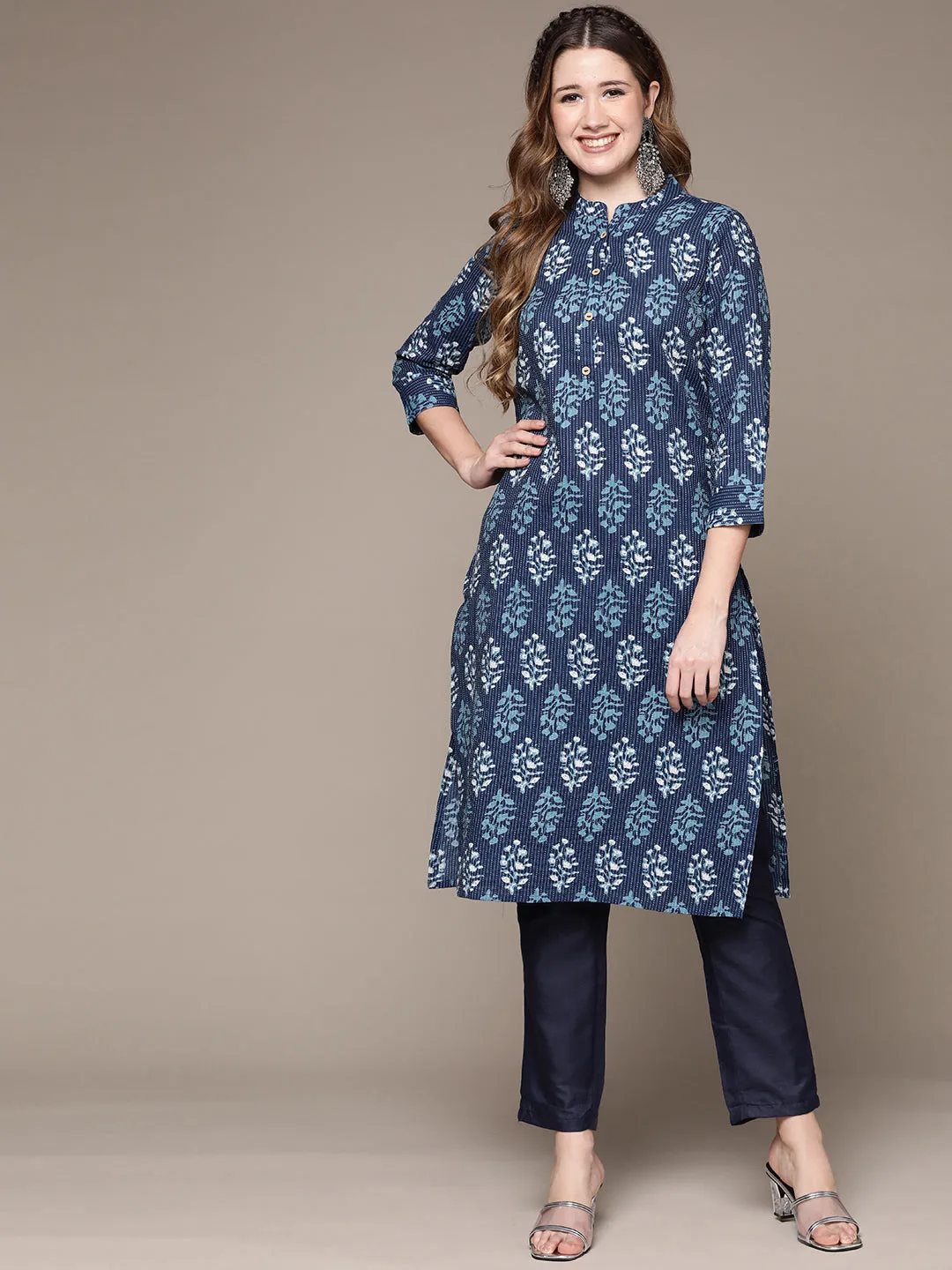 Anubhutee Women's Blue Cotton Kantha Kurta Set with Trousers