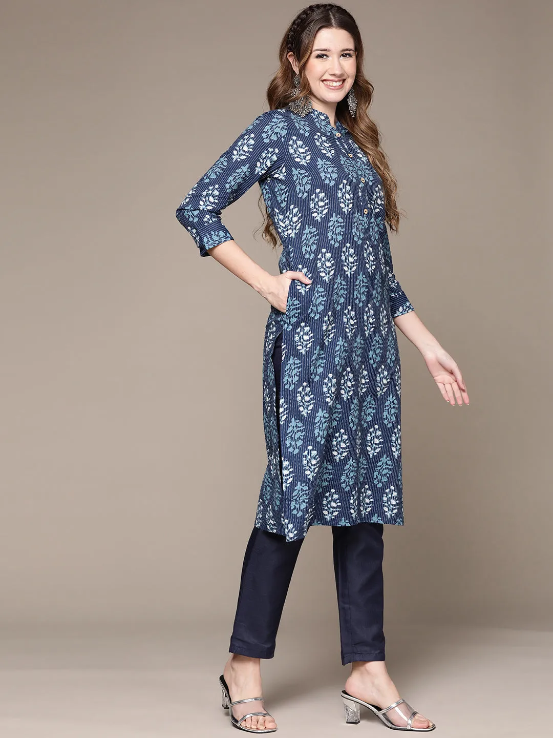 Anubhutee Women's Blue Cotton Kantha Kurta Set with Trousers