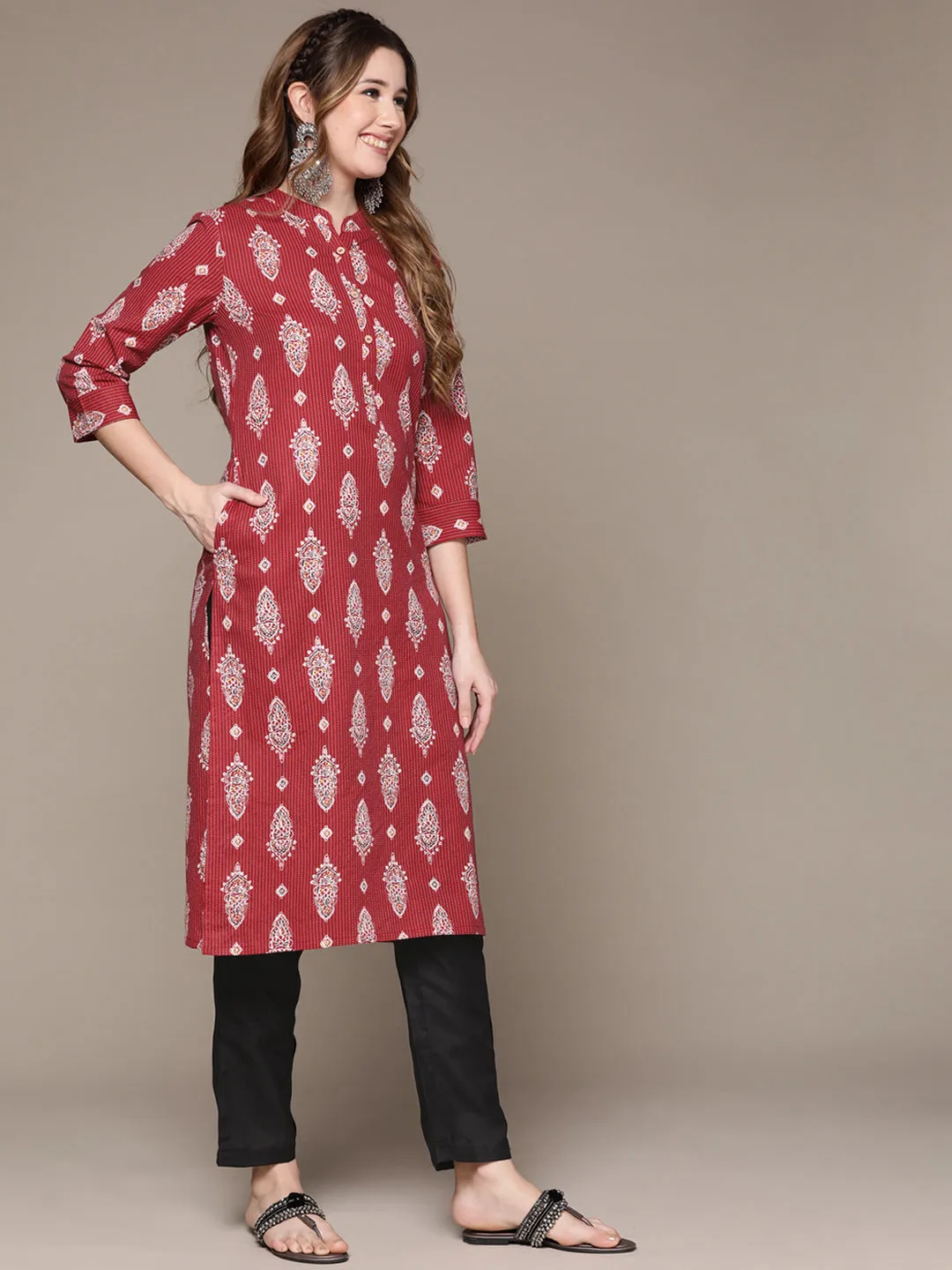 Anubhutee Women's Maroon Cotton Kantha Kurta Set with Trousers