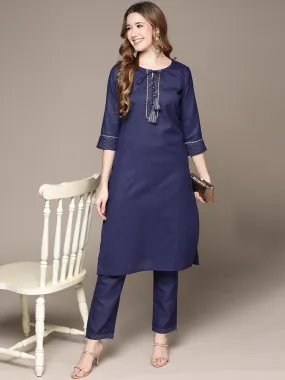 Anubhutee Women's Navy Blue Gotta Patti Dori Tassel Kurta set with Trousers