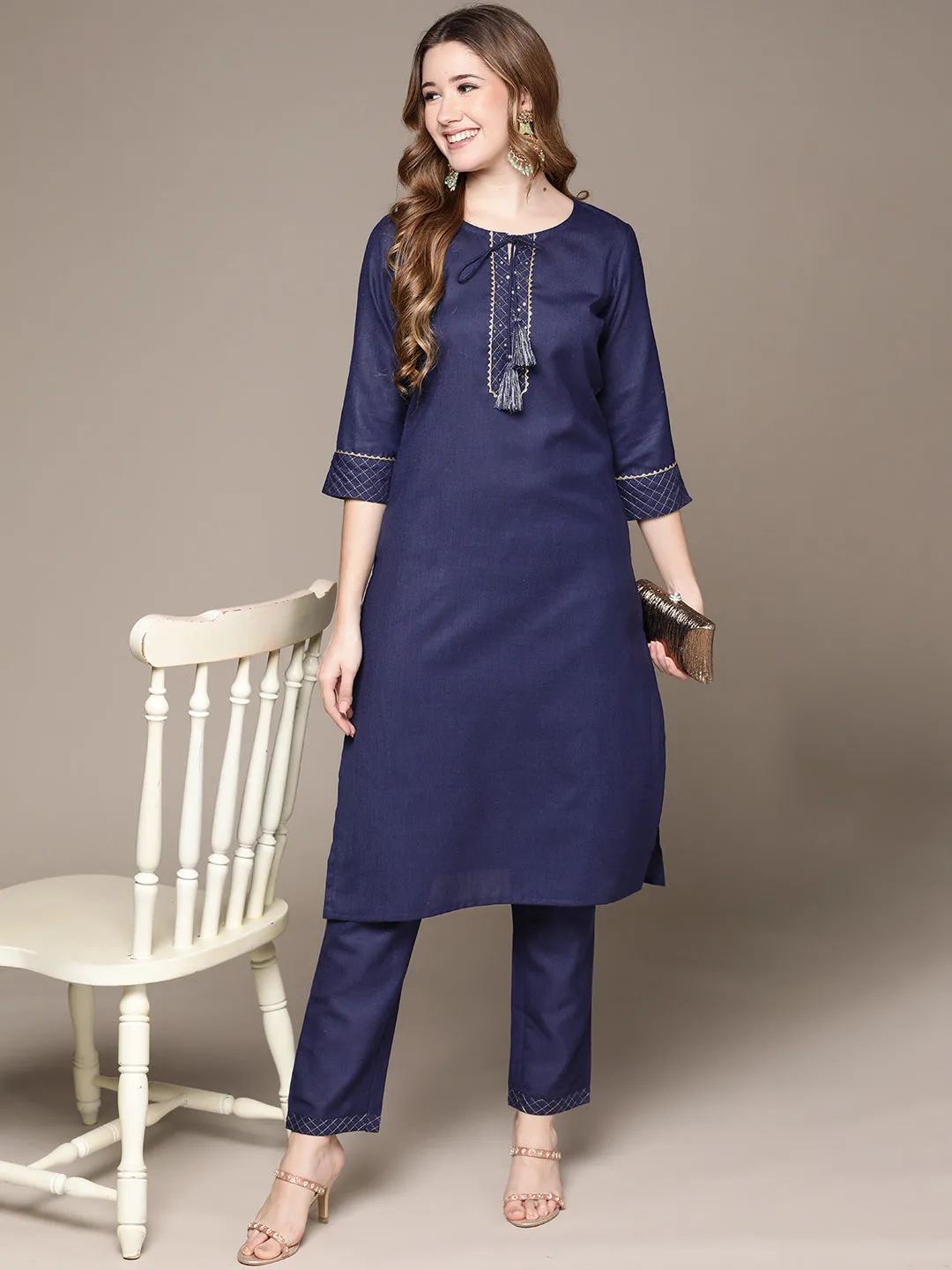 Anubhutee Women's Navy Blue Gotta Patti Dori Tassel Kurta set with Trousers