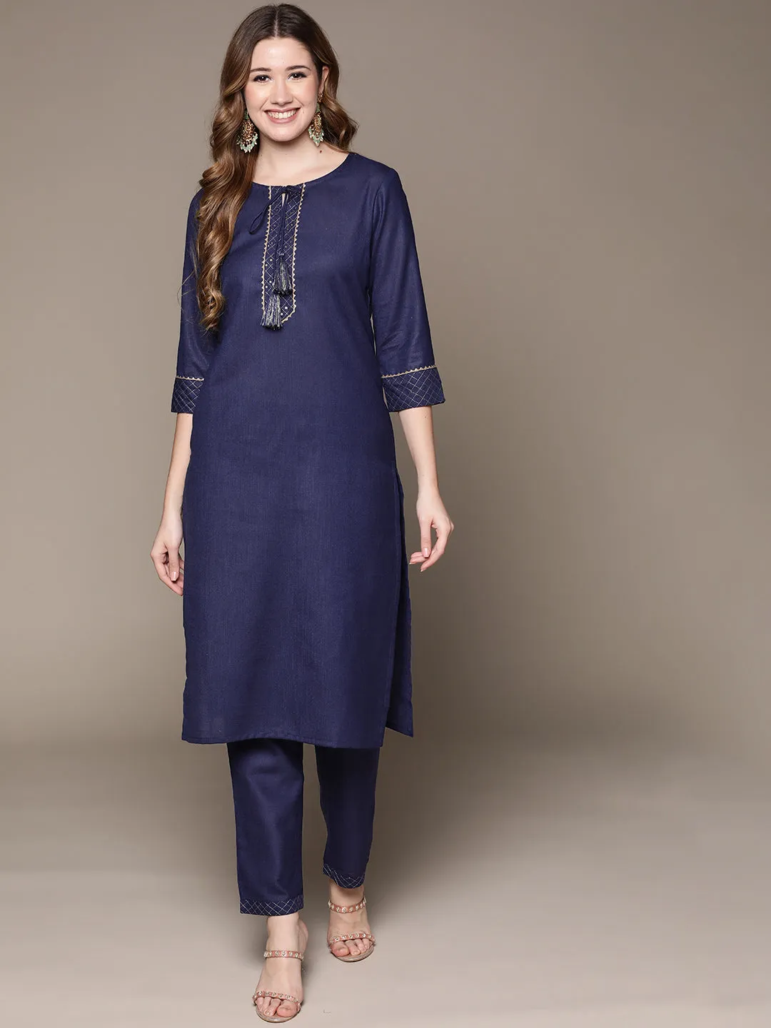 Anubhutee Women's Navy Blue Gotta Patti Dori Tassel Kurta set with Trousers