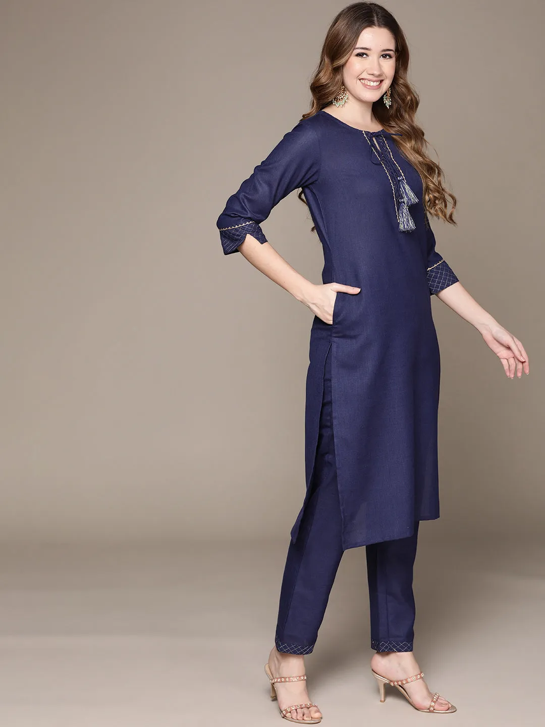 Anubhutee Women's Navy Blue Gotta Patti Dori Tassel Kurta set with Trousers