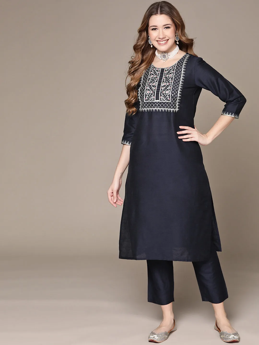 Anubhutee Women's Navy Blue Zari Embroidered Kurta Set with Trousers