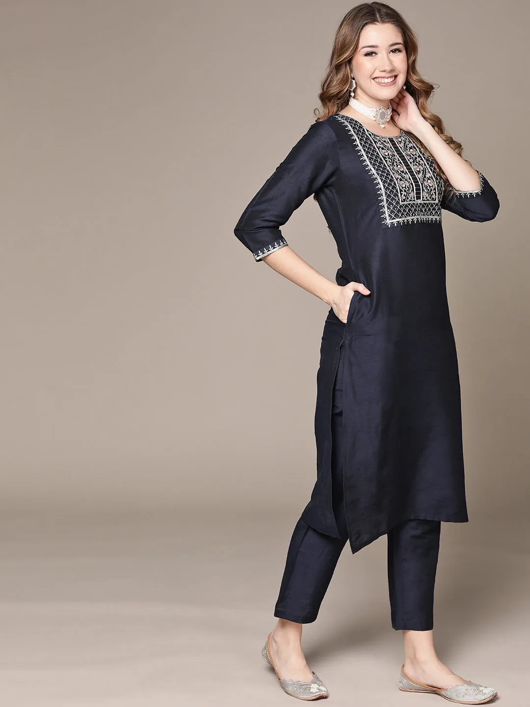 Anubhutee Women's Navy Blue Zari Embroidered Kurta Set with Trousers