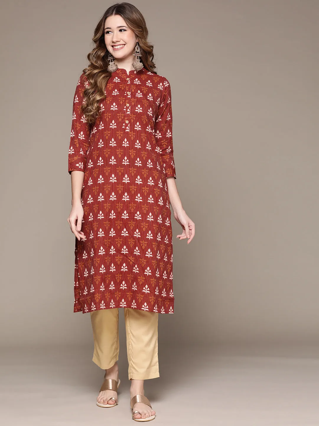 Anubhutee Women's Rust Cotton Kantha Kurta Set with Trousers