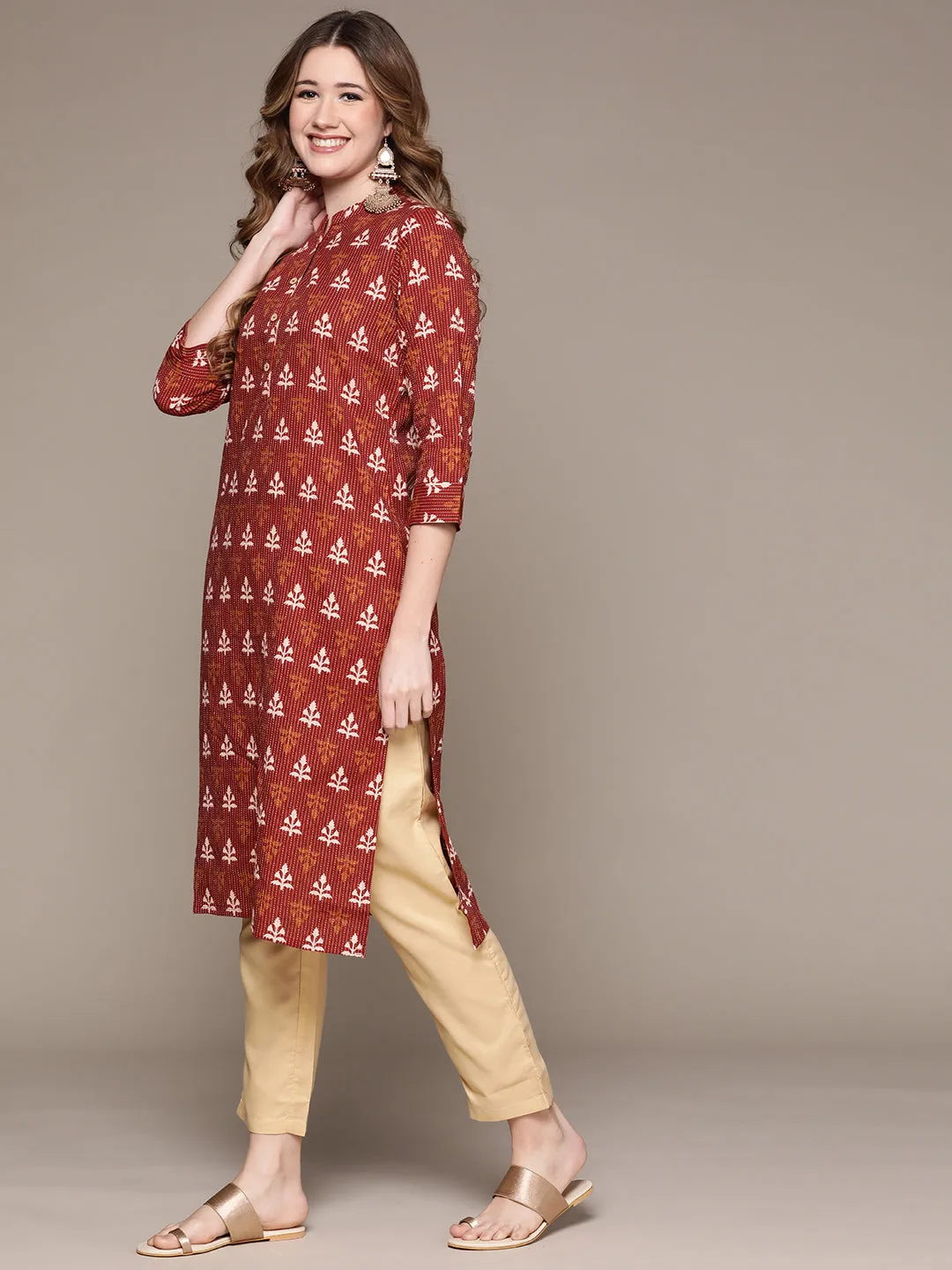 Anubhutee Women's Rust Cotton Kantha Kurta Set with Trousers