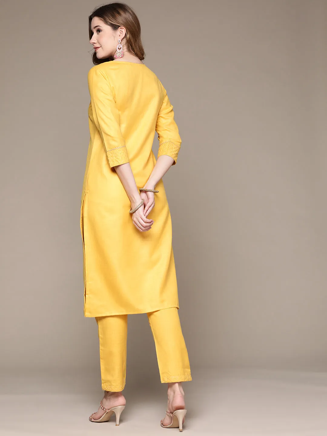 Anubhutee Women's Yellow Embroidered Kurta Set with Trousers