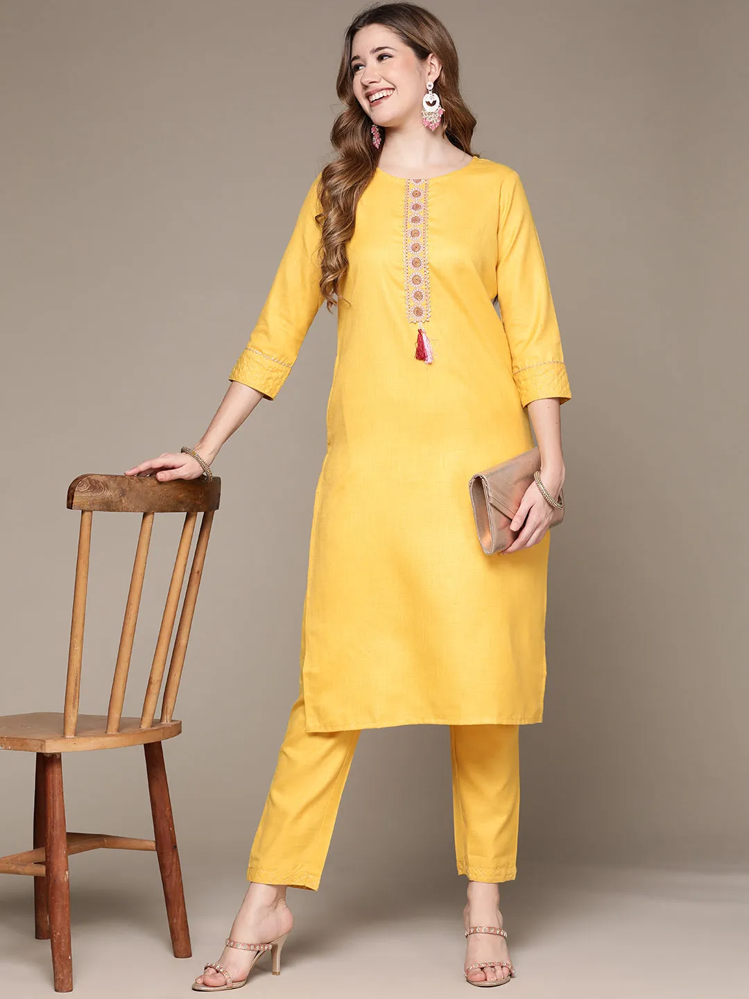 Anubhutee Women's Yellow Embroidered Kurta Set with Trousers