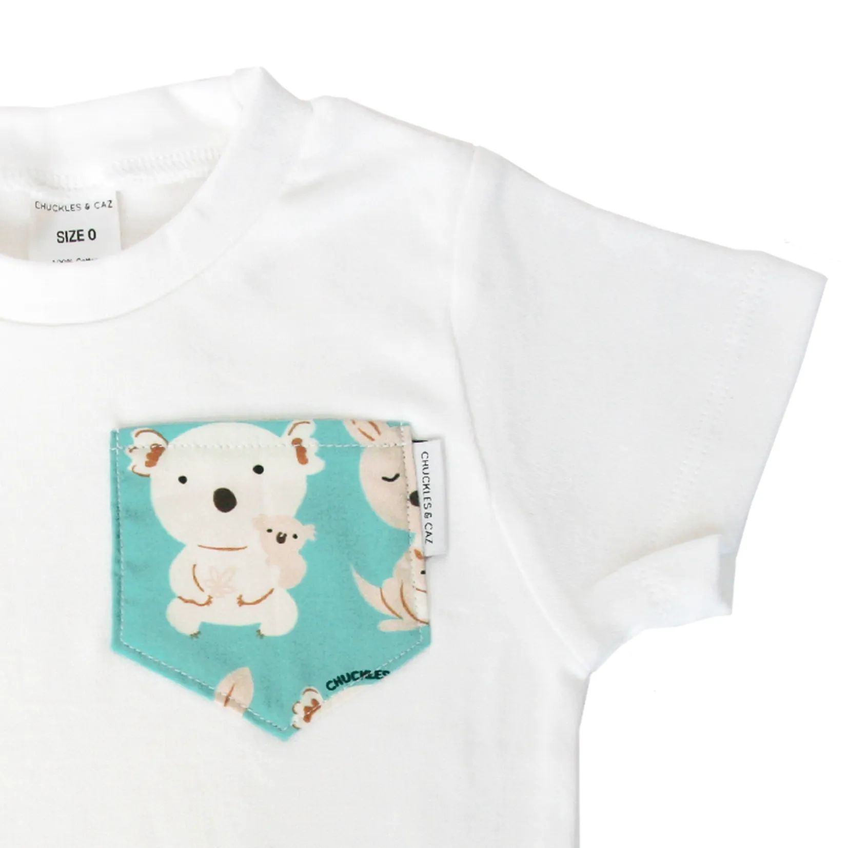 Aqua Koala & Kangaroos Pocket on White Tee