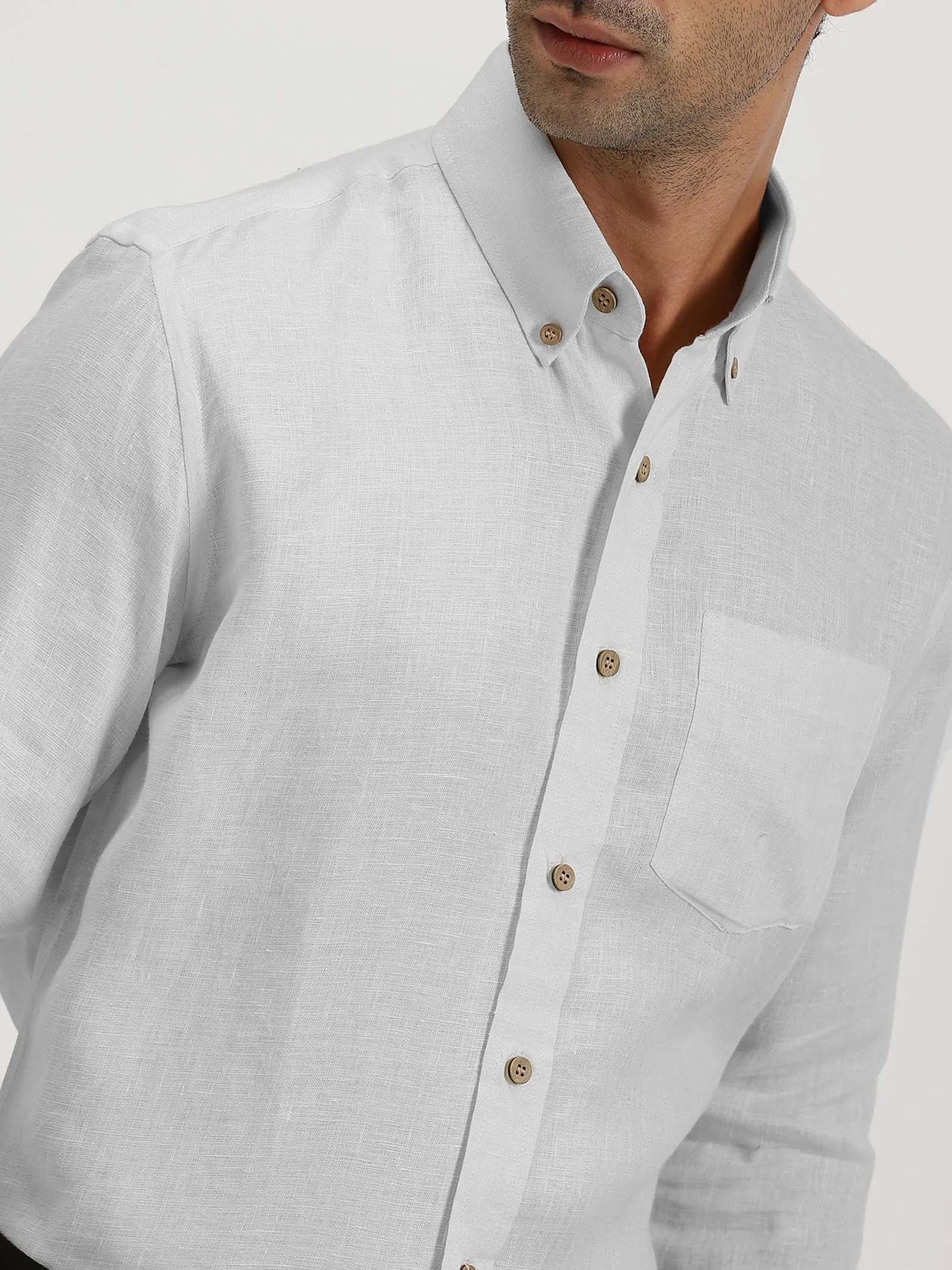 Austin - Pure Linen Button Down Full Sleeve Shirt - Light Grey