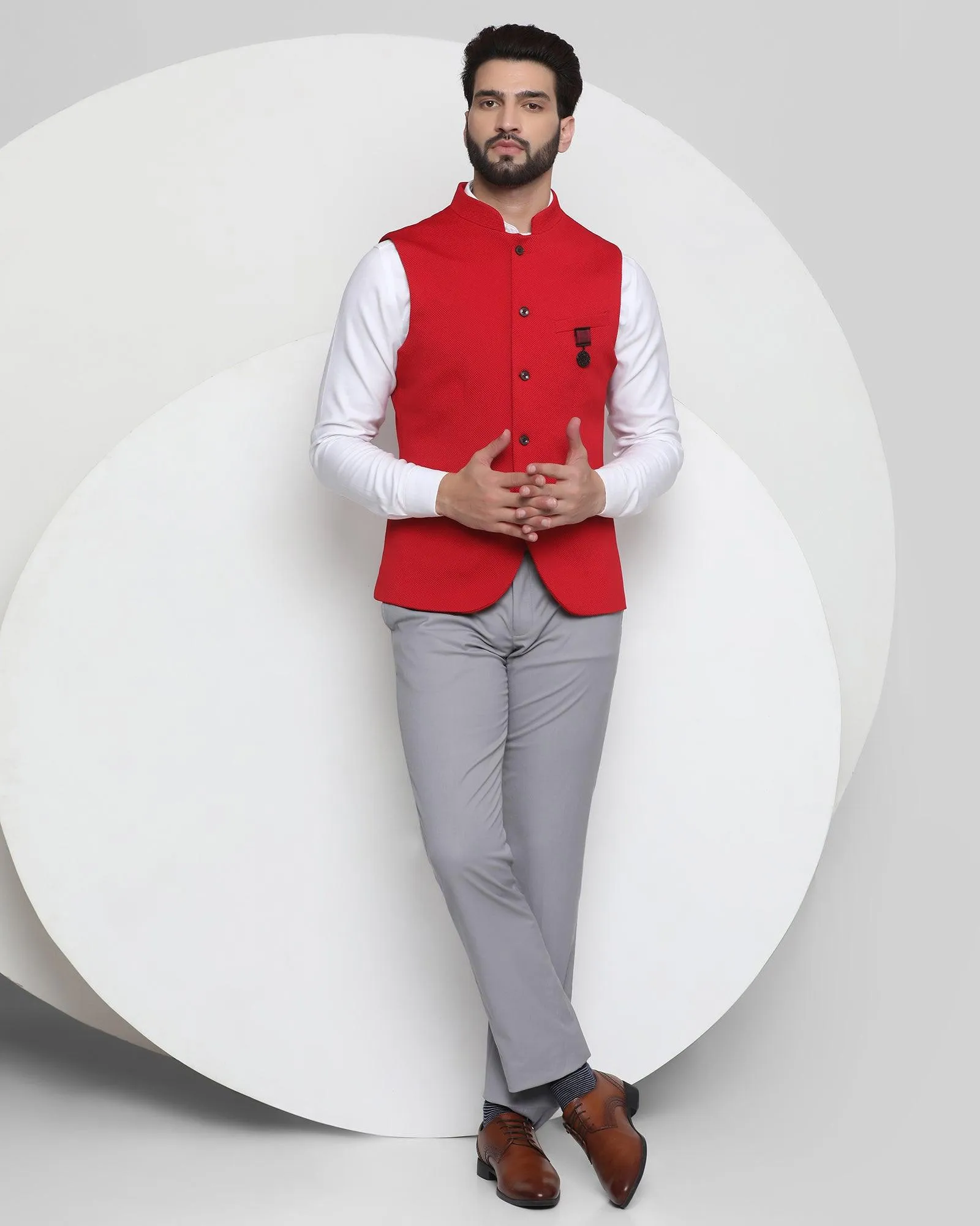 Bandhgala Formal Red Textured Waistcoat - Vann