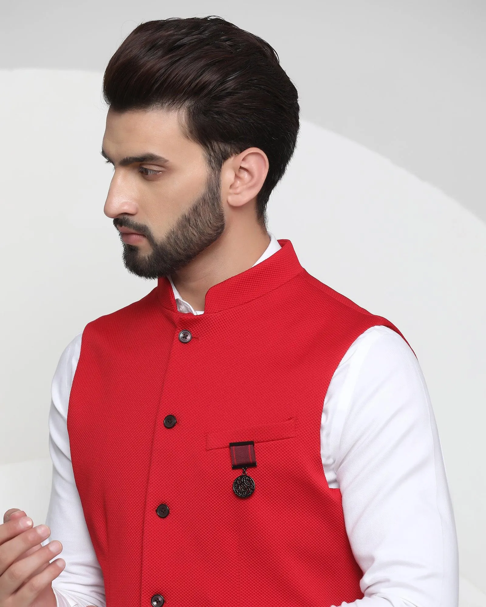 Bandhgala Formal Red Textured Waistcoat - Vann