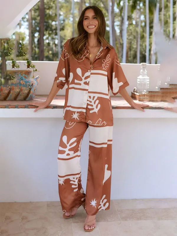 Beachside Women's Vacay Print 2 Piece Loose Outfit Shirt & Pants